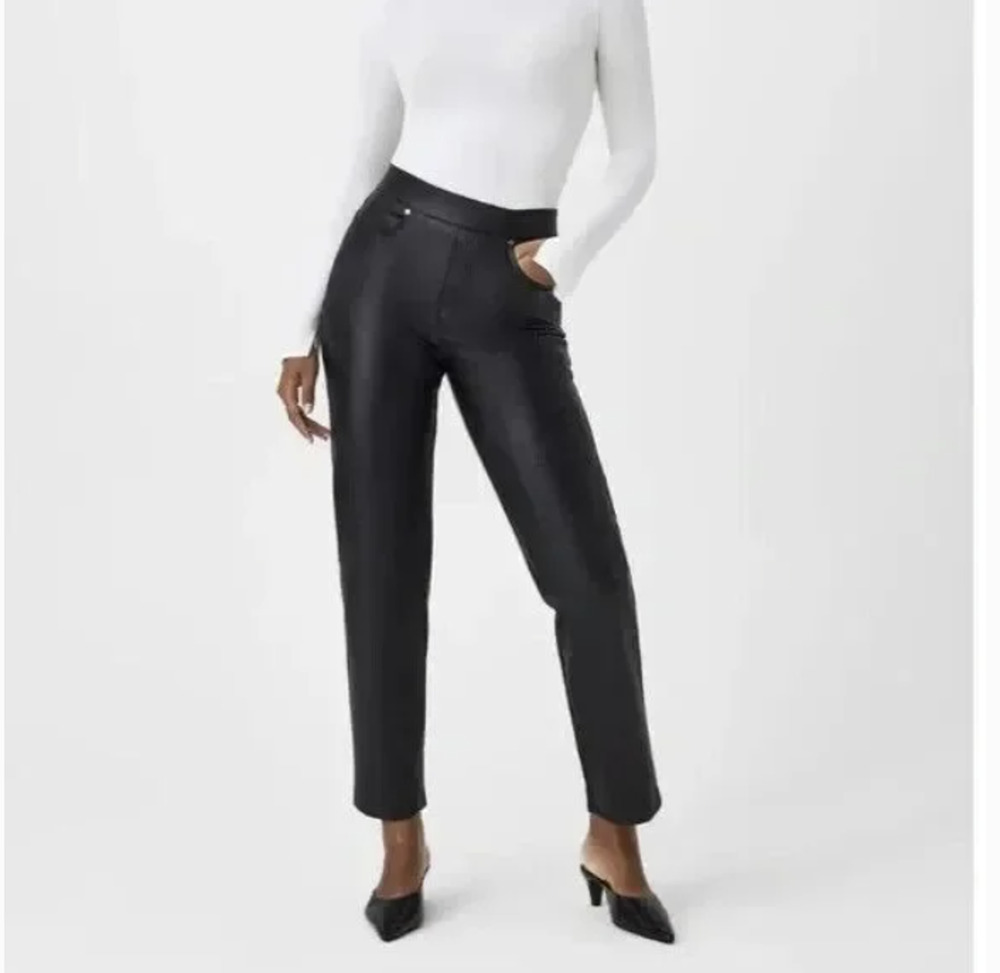 SPANX Pants LEATHER-LIKE Faux II Slim Straight Leg 20528Q Luxe Black Size Medium